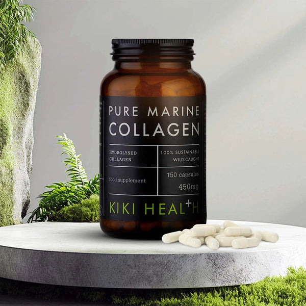 Bottle of Pure Marine Collagen supplement with KIKI HEAL+ on a natural background