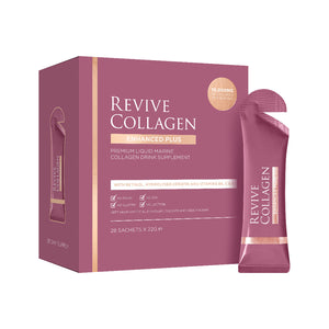Revive Collagen Enhanced Plus packaging with a single sachet on a white background
