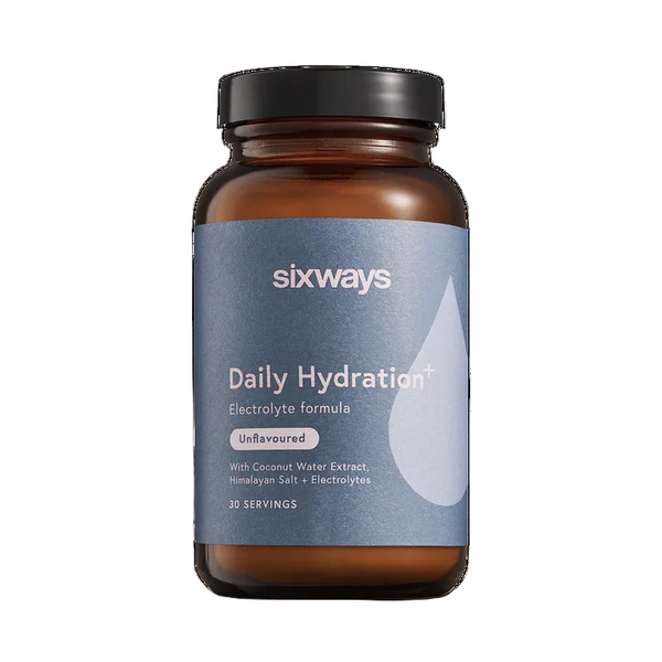 Brown supplement bottle labeled 'sixways Daily Hydration+' on a white background