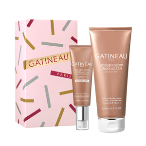 Gatineau skincare products including a serum and gradual tan product with a pink packaging box.