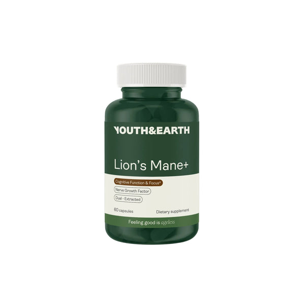 A dark green bottle of Youth & Earth Lion's Mane+ dietary supplement with a white cap, centered on a light off-white background.