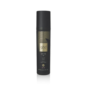 Black hair spray bottle with gold text on a white background
