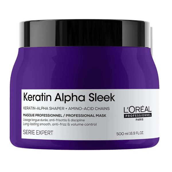L'Oreal Keratin Alpha Sleek hair mask jar on a white background