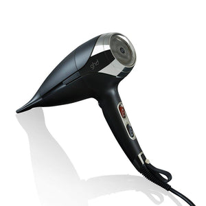 Black hair dryer with silver accents on a white background