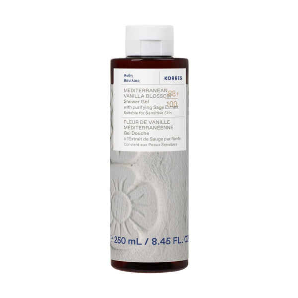 Korres Mediterranean Vanilla Blossom shower gel bottle on a white background