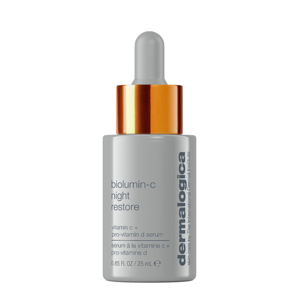 Dermalogica biolumin-c night restore serum bottle with dropper on a white background
