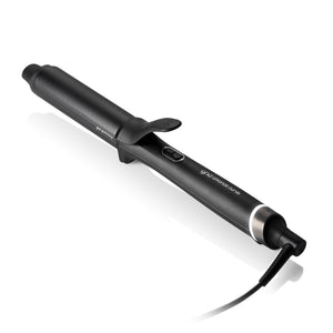 Black hair curling iron with visible brand on a white background