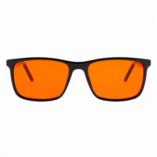 Square sunglasses with a thick black frame and vibrant orange lenses, shown against a plain white background.
