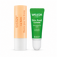 Two lip balm tubes standing upright on a white background: an orange-and-white Everon tube on the left and a green-and-white Weleda Skin Food Lip Balm tube on the right.