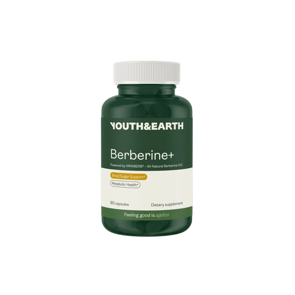 A dark green bottle of Youth & Earth Berberine+ dietary supplement with a white cap, centered on a light off-white background.