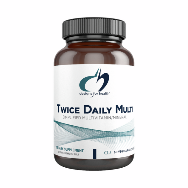Supplement bottle labeled 'Twice Daily Multi' by Designs for Health on a white background