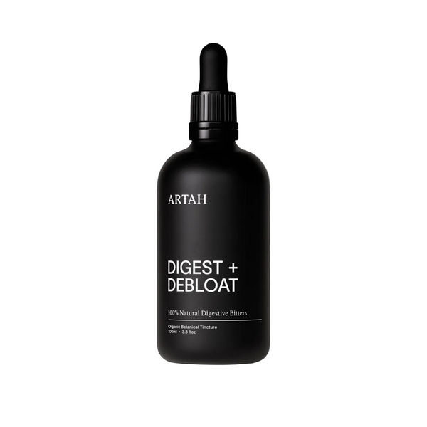 Black bottle of ARTAH Digest + Debloat on a white background