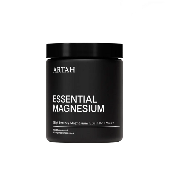 Black container of ARTAH Essential Magnesium on a light gray background with feature logos.