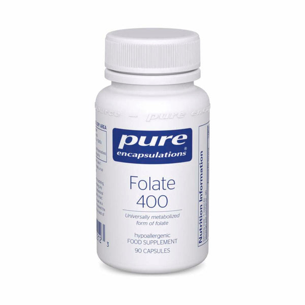 Bottle of Pure Encapsulations Folate 400 supplement on a white background