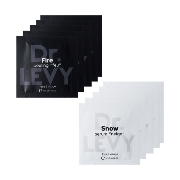 Black and white packets of Dr. Levy skincare products on a white background