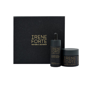 Irene Forte skincare products including a black box, dropper bottle, and jar on a white background.