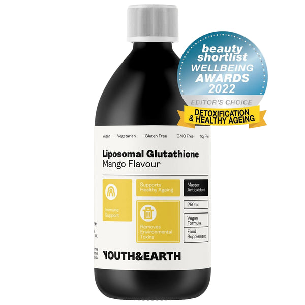 A bottle of YOUTH&EARTH Liposomal Glutathione Mango Flavour dietary supplement, featuring a white label with yellow and black text, a white cap, and a blue and yellow 'beauty shortlist WELLBEING AWARDS 2022' badge on the top right, set against a light off-white background.