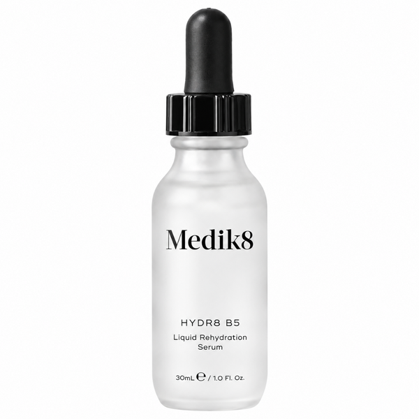 A 30 mL dropper bottle of Medik8 HYDR8 B5 Liquid Rehydration Serum, featuring a frosted white glass bottle and a black dropper cap, on a solid white background.
