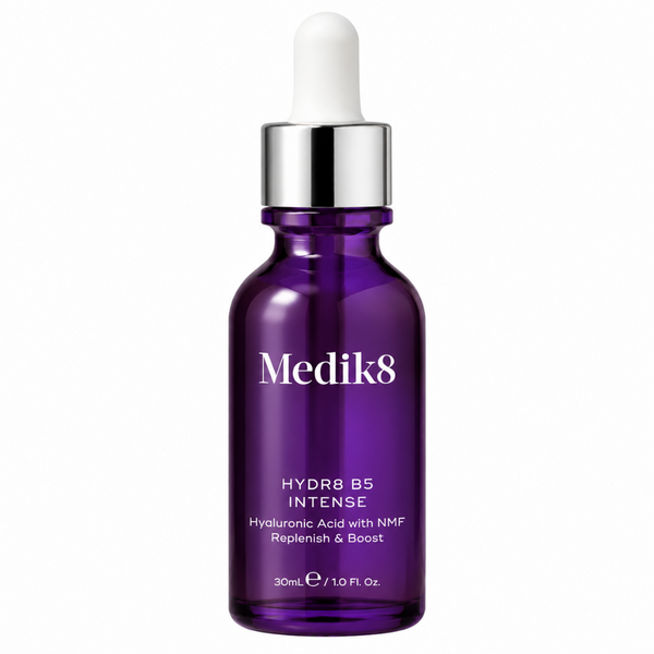 A 30ml purple glass dropper bottle of Medik8 Hydr8 B5 Intense skincare serum with a silver collar and white dropper cap, shown on a solid white background.