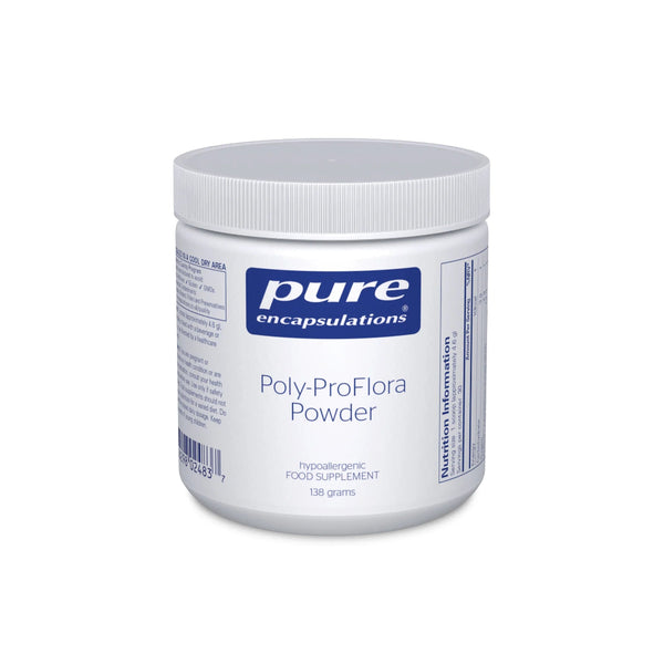 A white plastic jar of Pure Encapsulations Poly-ProFlora Powder on a solid white background.
