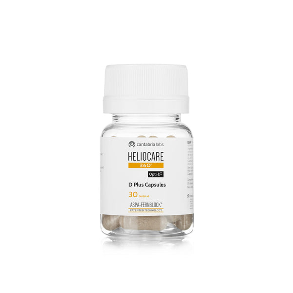A small clear bottle of Contabiol Heliocare D3+ capsules with a white cap and white label, centered on a plain white background.