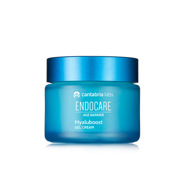 Blue jar of Endocare Hyalubost Gel Cream on a white background