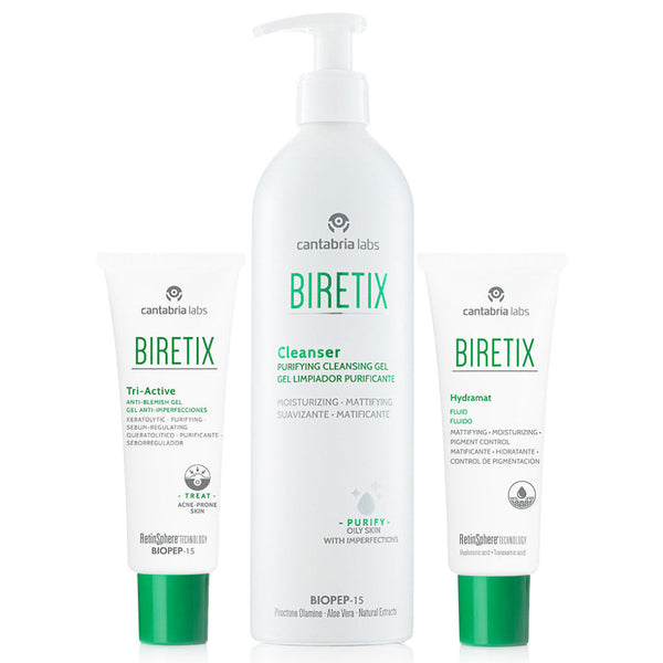 Three Biretix skincare products from Cantabria Labs on a white background