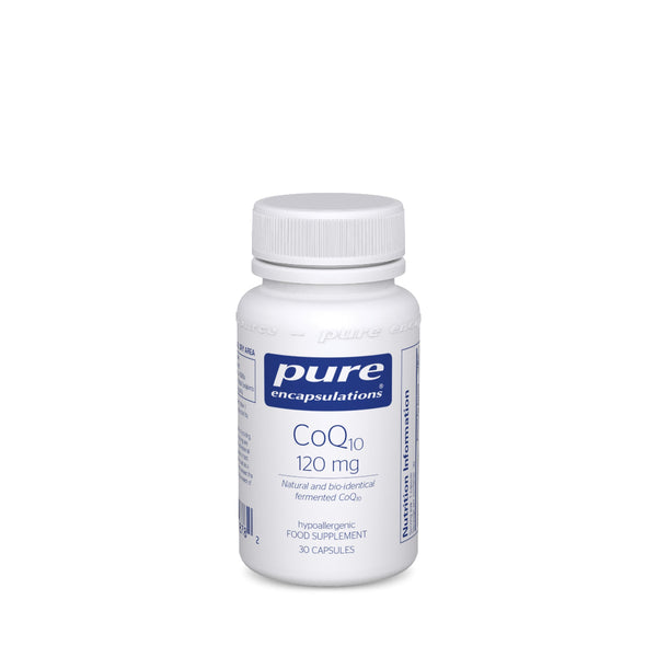 A white plastic bottle of Pure Encapsulations CoQ10 120 mg dietary supplement, shown on a clean white background.