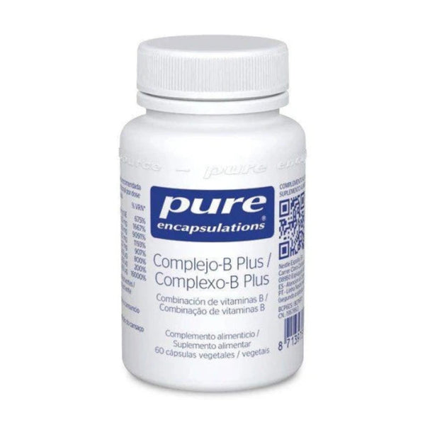 A white plastic bottle of Pure Encapsulations Complejo-B Plus / Complexo-B Plus dietary supplement with a white ribbed cap, shown on a plain white background.