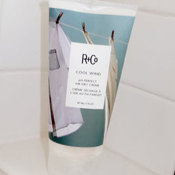 a tube of R+Co Cool Wind Ph Perfect Air Dry Creme on a shelf in a shower setting