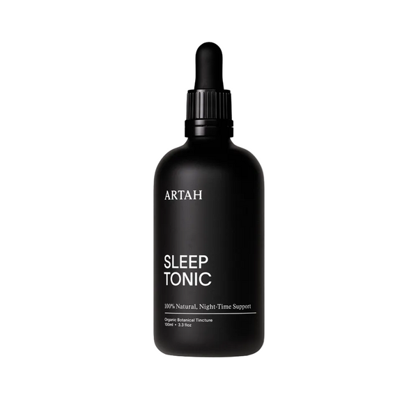 Black bottle of Artah Sleep Tonic on a light gray background
