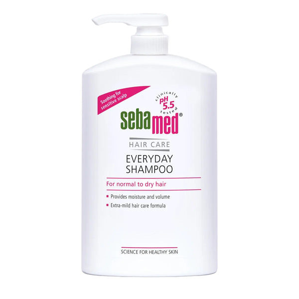 Sebamed shampoo bottle on a white background