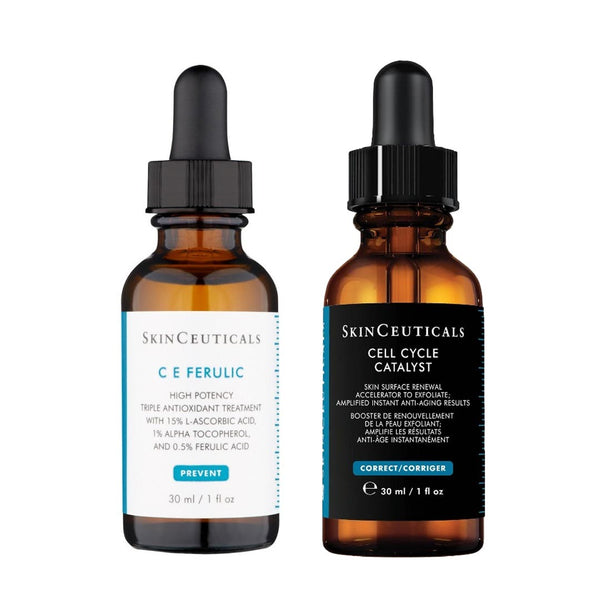 Two bottles of SkinCeuticals skincare products on a white background