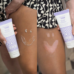 a before and after of a leg that has applied the tan eraser showing a removal of the fake tan
