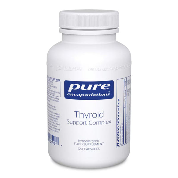 A white plastic bottle of Pure Encapsulations Thyroid Support Complex dietary supplement, containing 120 capsules, shown on a clean white background.