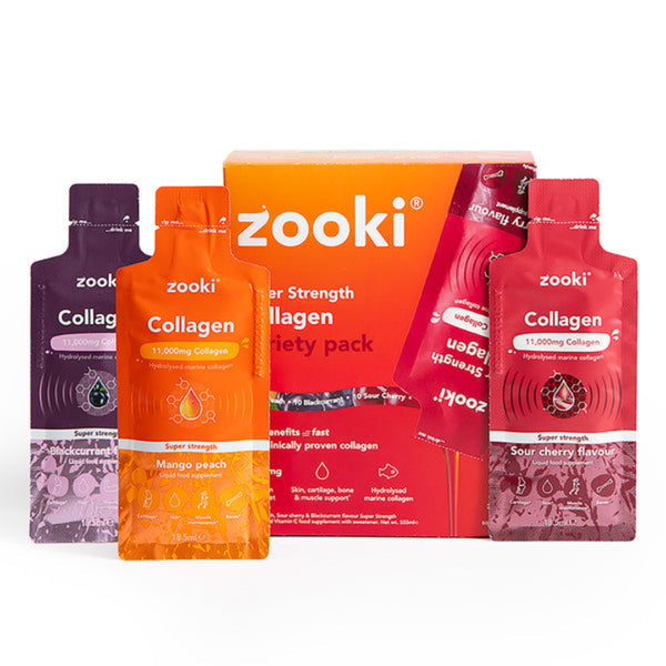 Zooki collagen powder packets in various flavors on a white background
