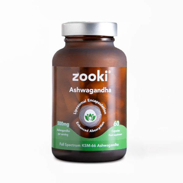 Zooki Ashwagandha supplement bottle on a white background