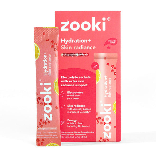 Zooki Hydration+ Skin Radiance electrolyte sachets, featuring a pink and red box with a single sachet standing in front, on a clean white background.