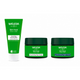Three WELEDA Skin Food Face Care products on a white background: a green cleansing balm tube, a dark green day cream jar, and a dark green night cream jar.