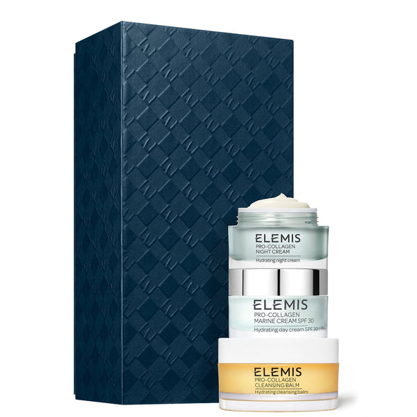Three Elemis skincare products with a textured blue box on a white background