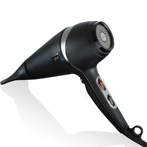 Black hair dryer with silver accents on a white background