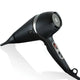 Black hair dryer with silver accents on a white background