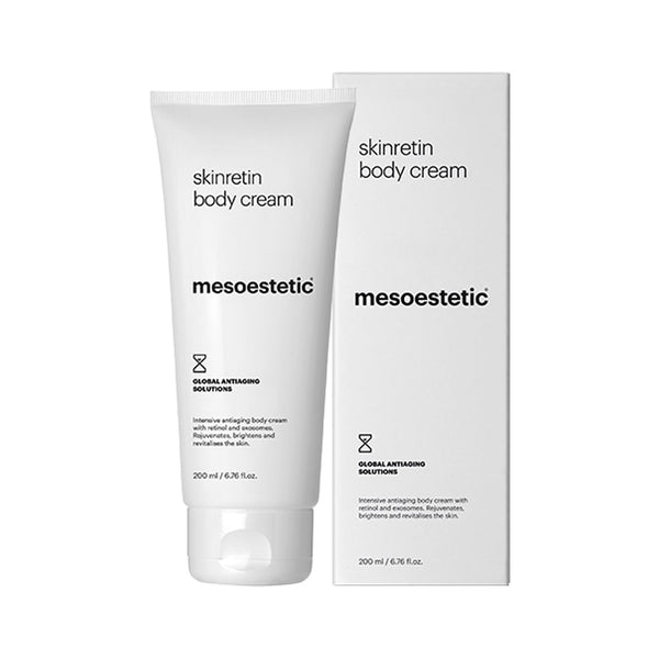 Mesoestetic skinretin body cream with packaging on a white background