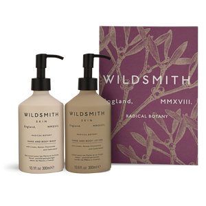 Two Wildsmith skincare bottles with a packaging box on a white background