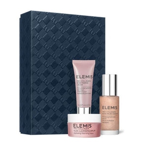 Elemis skincare set with three products in front of a textured navy box, labeled as limited edition.