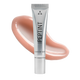 A silver squeeze tube of PEPTINT by ClĂŠs de Skin, set against a glossy peach-colored cosmetic swatch on a solid white background.