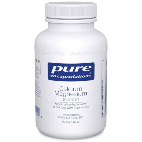 A white plastic bottle of Pure Encapsulations Calcium Magnesium supplement with a blue and white label, set against a plain white background.