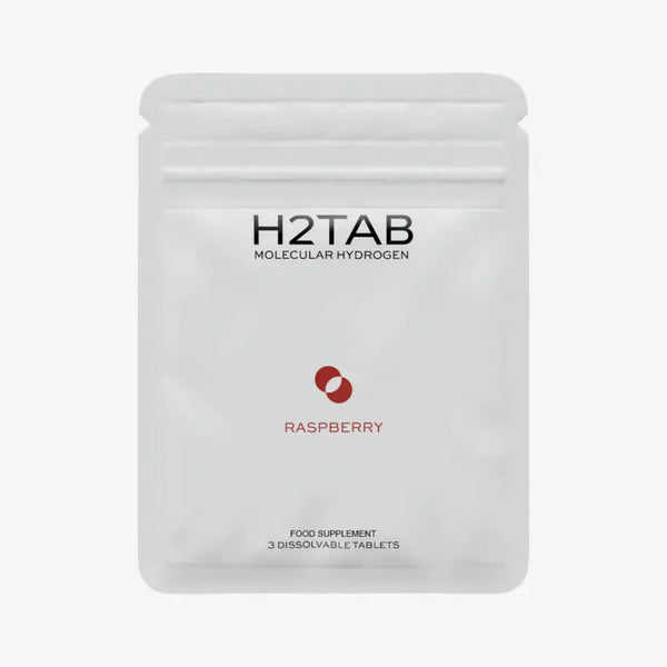 A white stand-up pouch of H2TAB Molecular Hydrogen food supplement, Raspberry flavor, containing 3 dissolvable tablets.