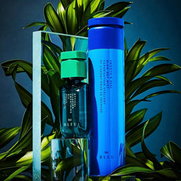 a bottle of R+Co Bleu Smooth & Seal Blow Dry Mist in front of a tall plant