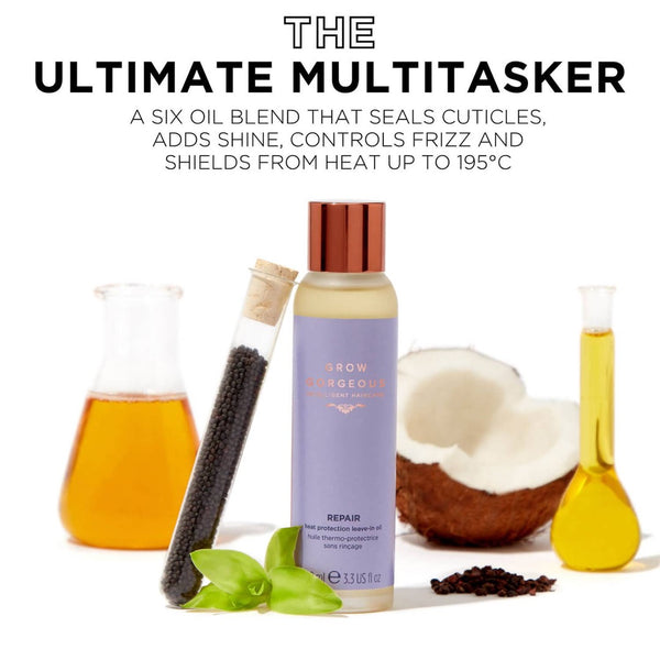 the ultimate multitasker, a six oil blend that seals cuticles, adds shines, controls frizz and shields from heat up to 195C